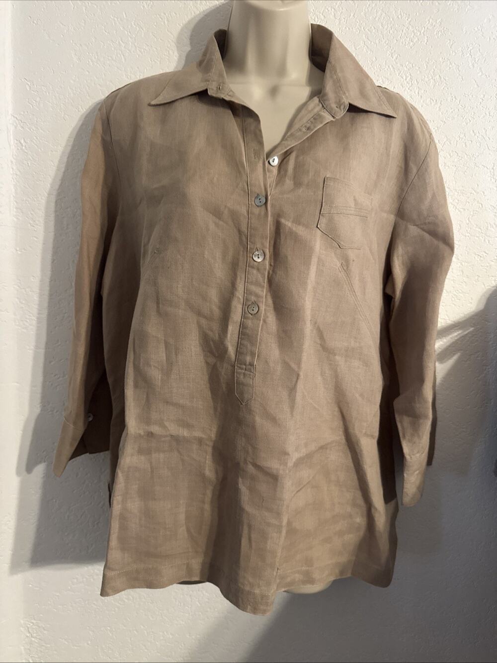 Richard Malcolm 100% Irish Linen Taupe Top Shirt Tunic XL Lagenlook Minimalist